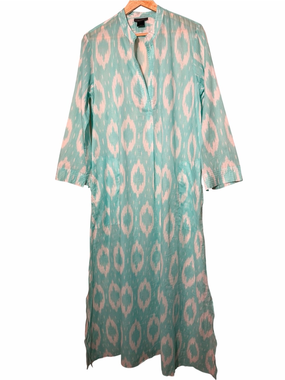 Natori Aqua and White Print Long Kaftan Dress